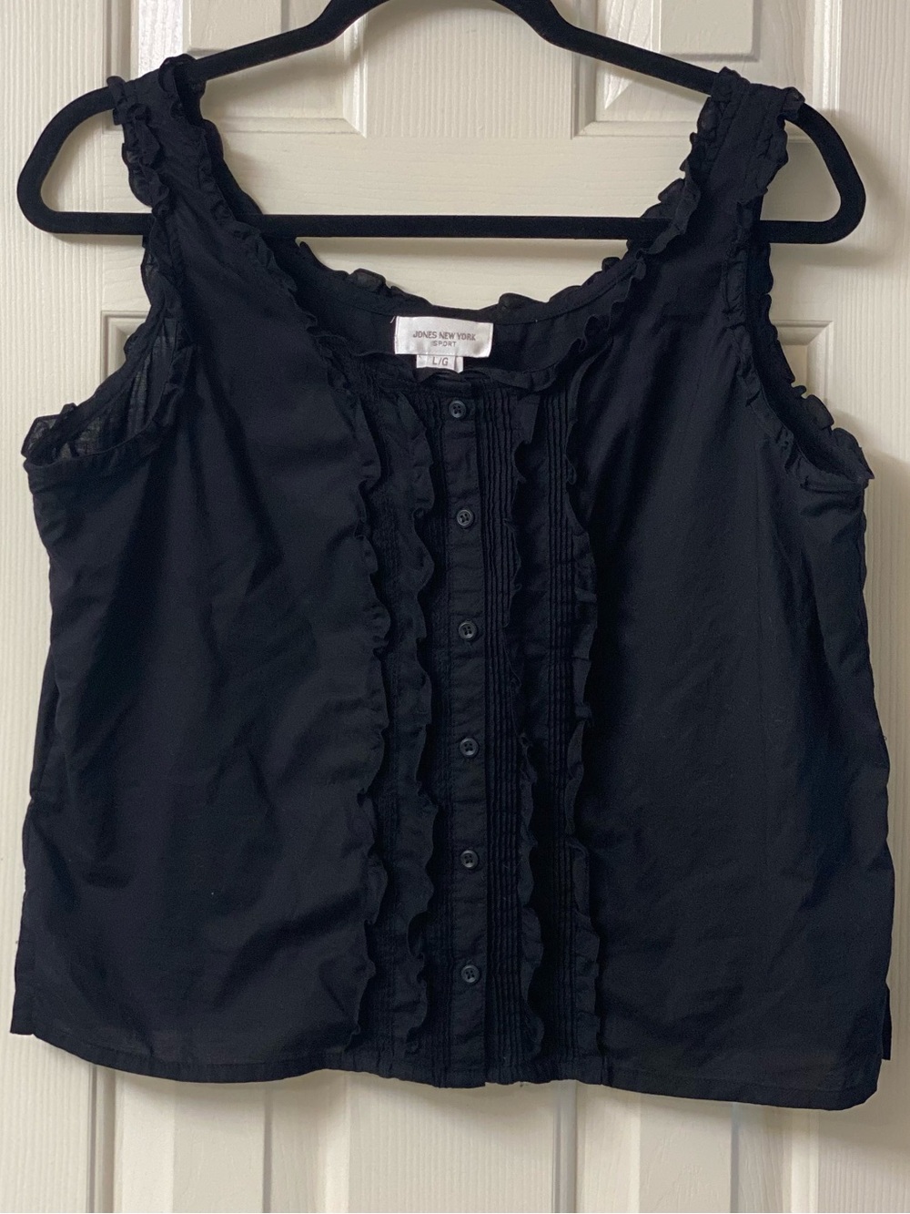 JONES NEW YORK SPORT Sleeveless Ruffle-Trim Button Front Top - Black Size Large